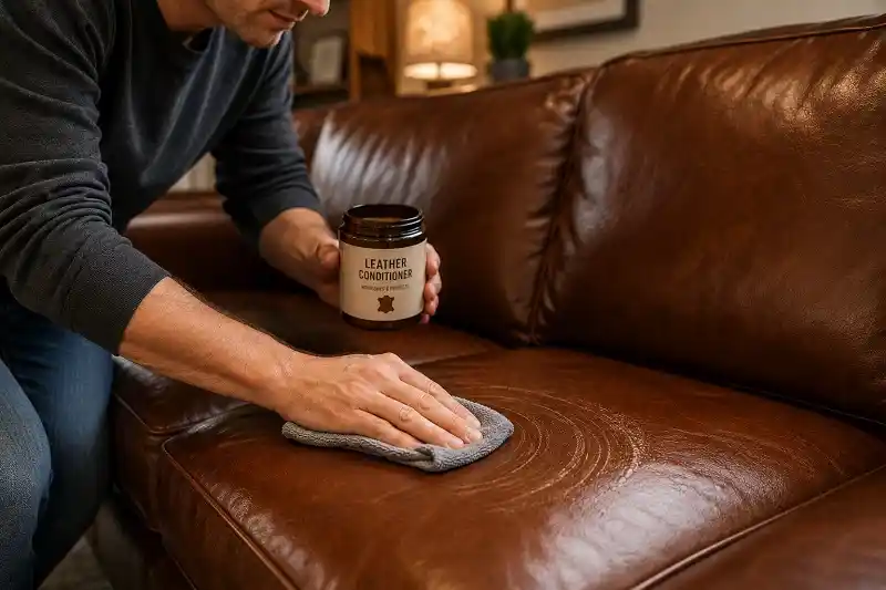 A person applying leather conditioner to a leather couch
