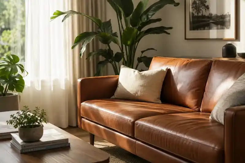 A stylish leather sofa placed near a bright window