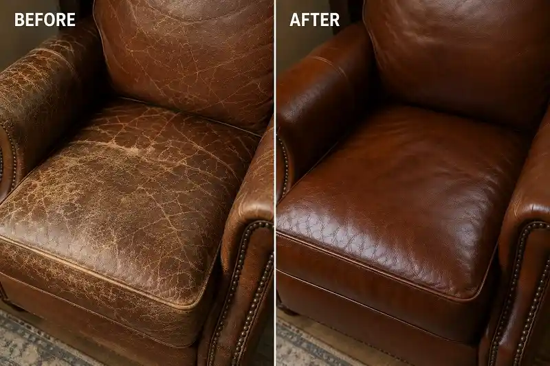 Before and after view of cracked leather sofa restoration