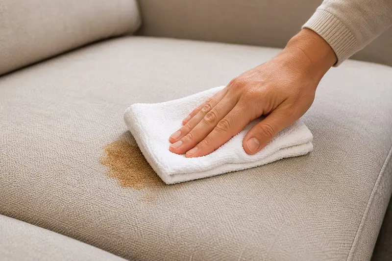 Blotting coffee stain on sofa