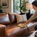 a girl showing how to clean leather sofa properly