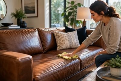 a girl showing how to clean leather sofa properly