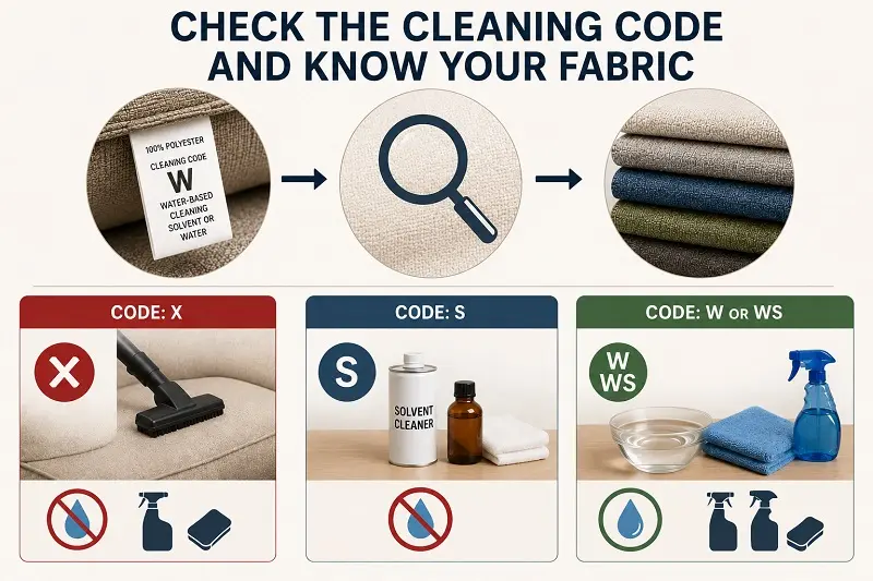 Fabric cleaning code guide with care label and cleaning tools