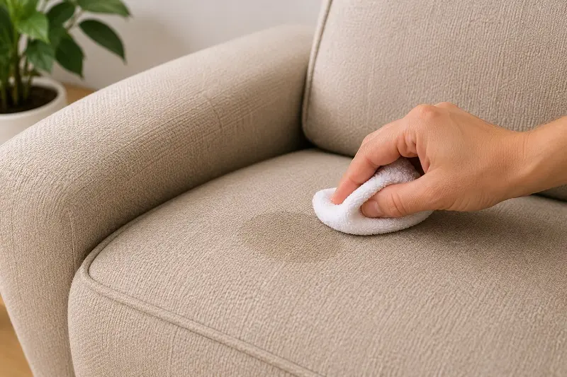 Hand spot testing a fabric sofa cushion with a white cloth