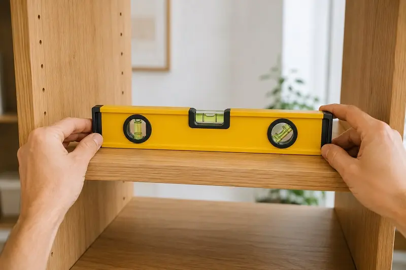 Hands placing spirit level on assembled shelf
