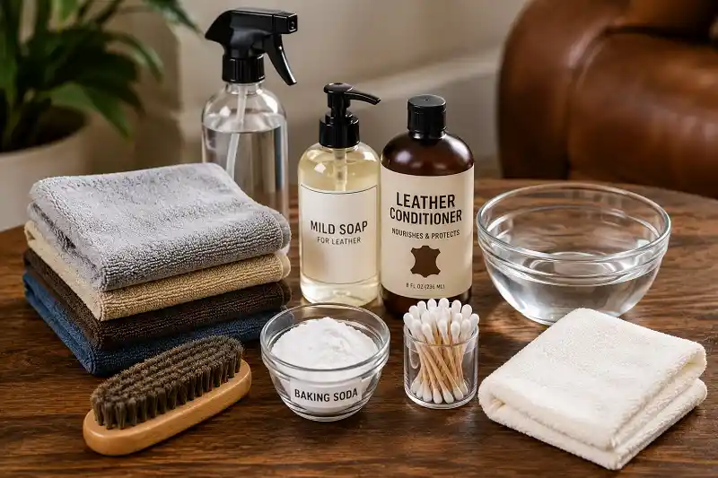 Leather Furniture Cleaning Supplies on Wooden Table