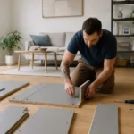 Person assembling furniture on living room floor