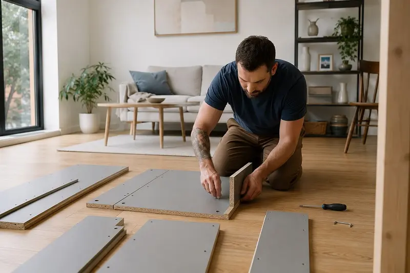 Person assembling furniture on living room floor