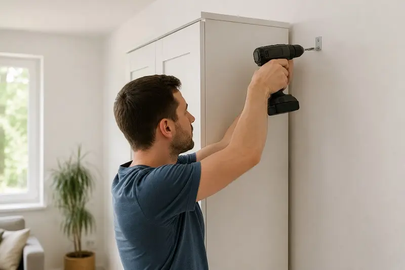 Person drilling wall bracket onto assembled wardrobe