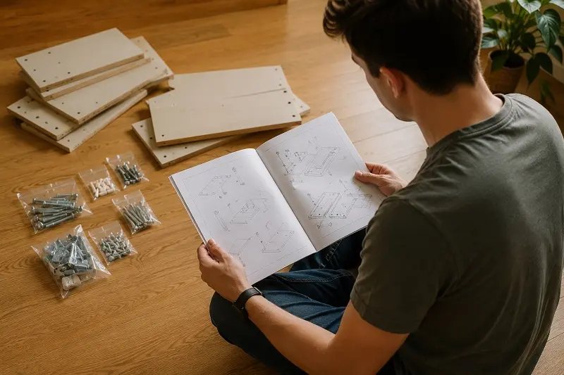 Person reading instruction manual on the floor