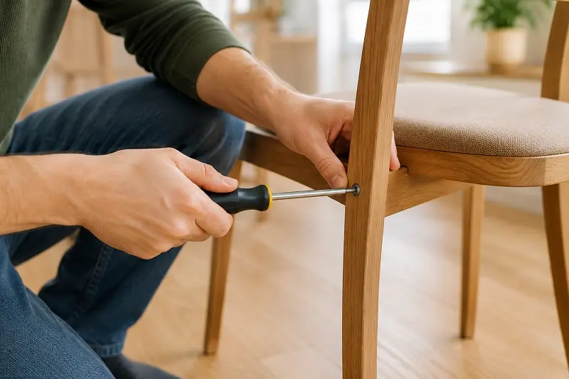Person tightening chair screw during maintenance