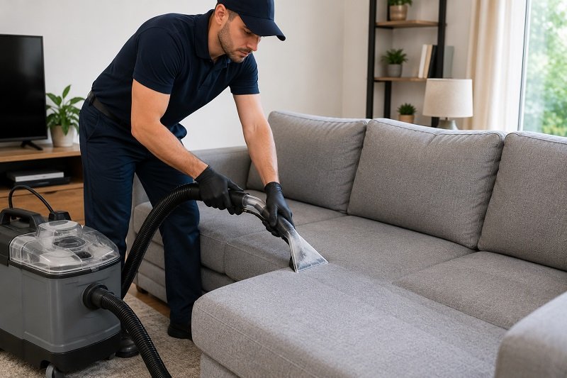 Professional deep cleaning gray sofa