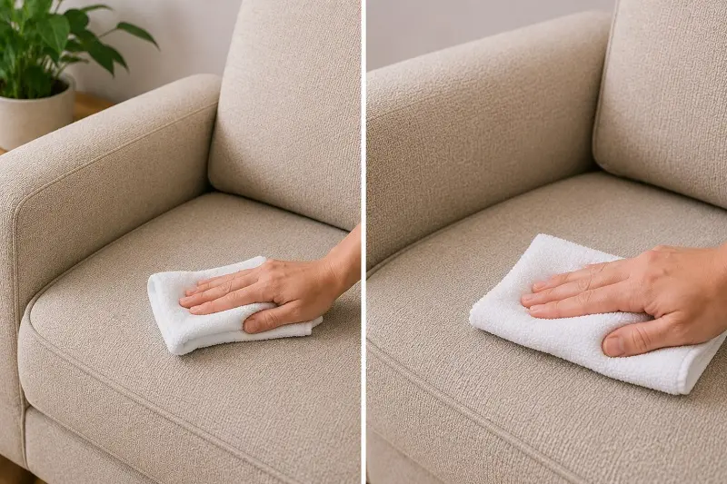 Rinsing and blotting a fabric sofa with a clean cloth