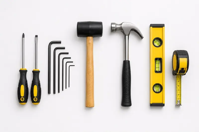 Screwdriver, Allen key, mallet, level, tape flat lay
