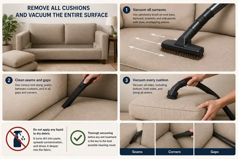 Sofa cushions and seams being vacuumed before cleaning