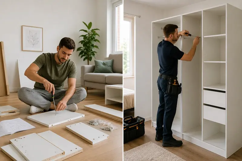 Split image of DIY person and professional assembler