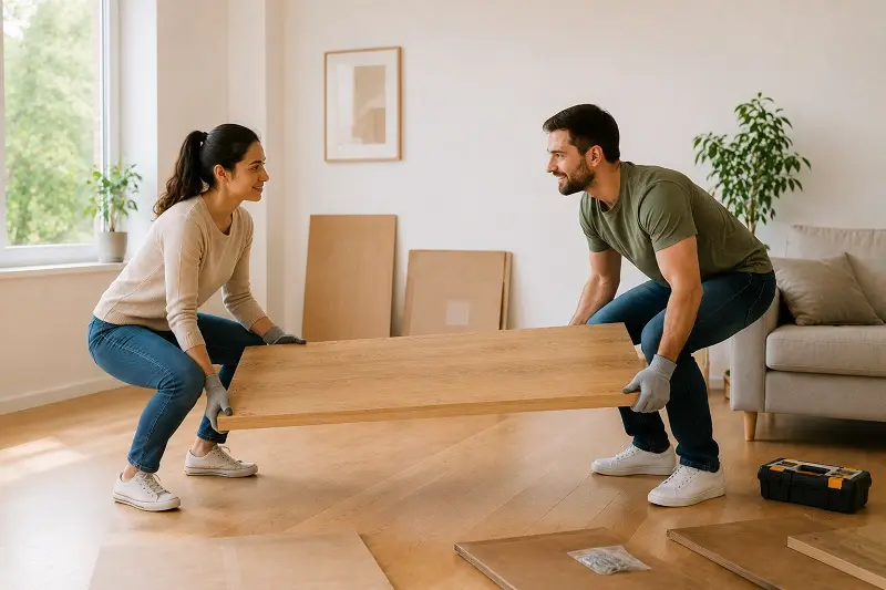 Two people safely lifting heavy panel together
