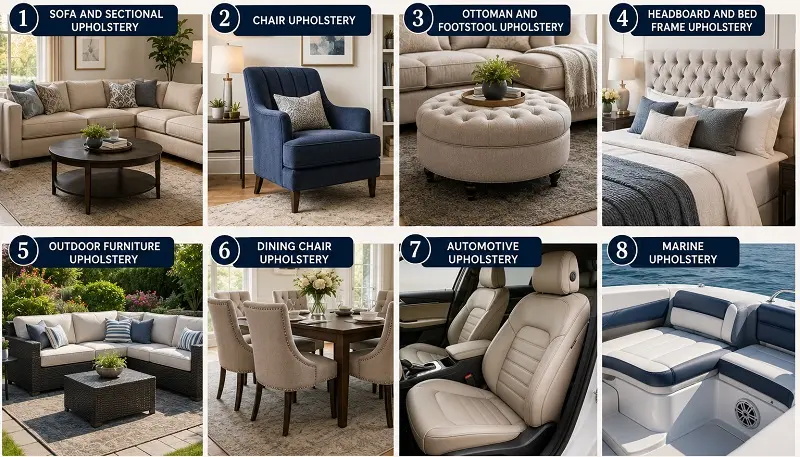 Types of upholstered furniture in home and vehicle settings