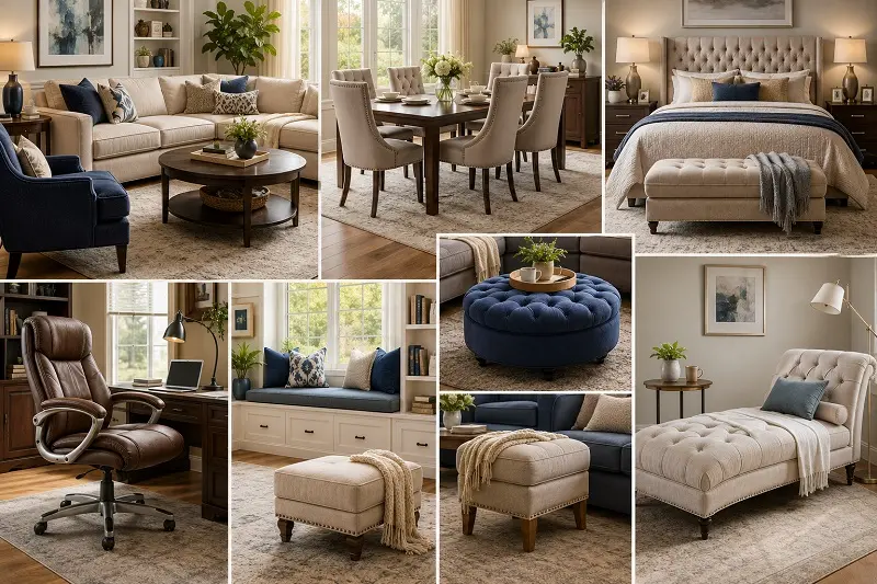 Upholstered furniture collage in modern home interiors.