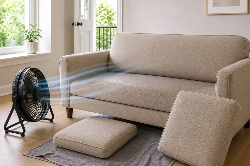 Upholstered sofa drying with fan and open window