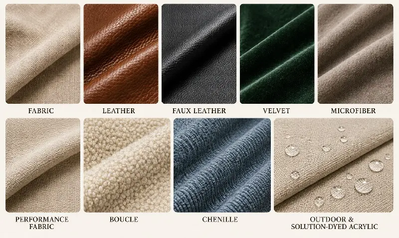 Upholstery material swatches with fabric names