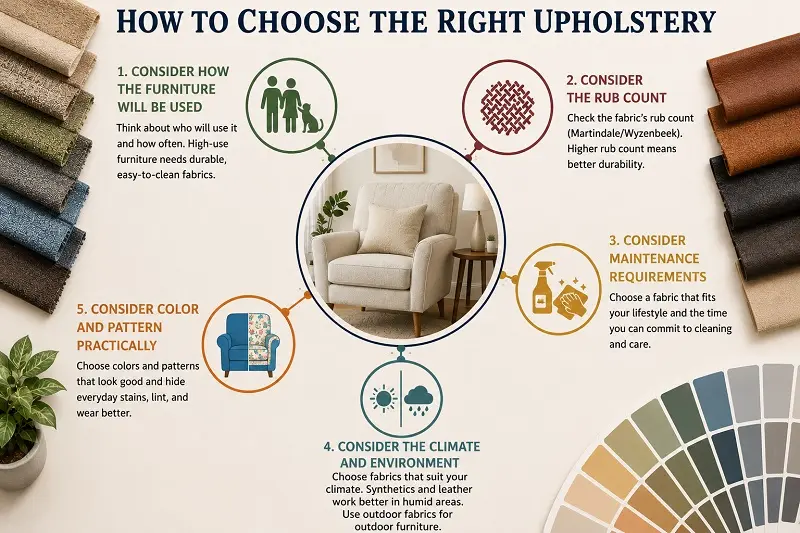 Upholstery selection guide with fabric, care, climate, and color tips