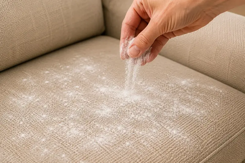 baking soda is scattered lightly on sofa