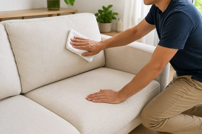 person wiping sofa