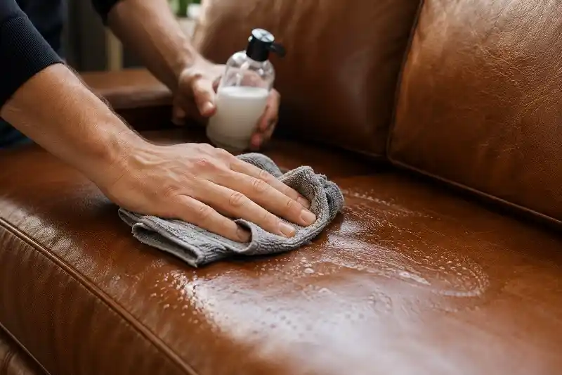 wiping a leather sofa with a microfiber cloth and mild soap solution